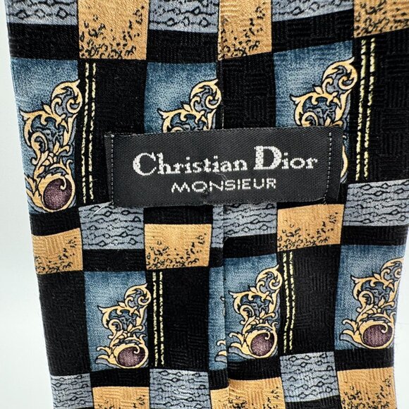 Christian Dior Silk Abstract Tie โ Blue & Yellow 1990s Made in Canada - Picture 2 of 6